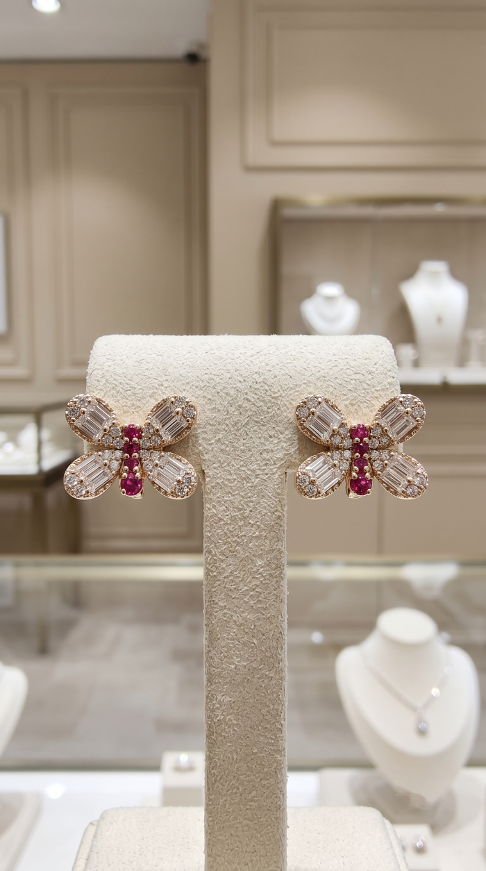 Butterfly Stud Ruby Diamond Wings Earrings in 14K Yellow Gold