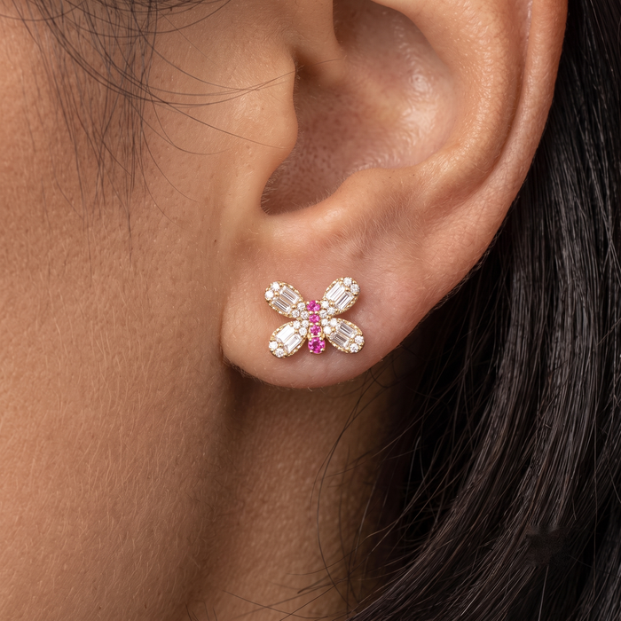 Butterfly Stud Ruby Diamond Wings Earrings in 14K Yellow Gold