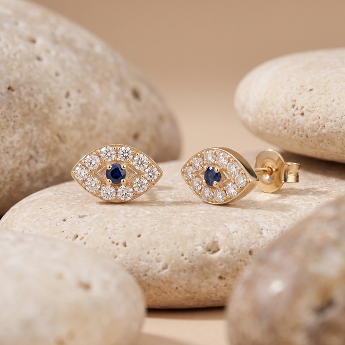 Unique Sapphire Diamond Stud Earrings in 14K Yellow Gold