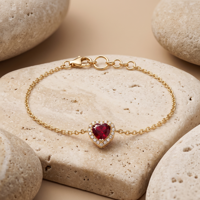 Scarlet Love Heart Shaped Gemstone Charm Bracelet in 14K Gold