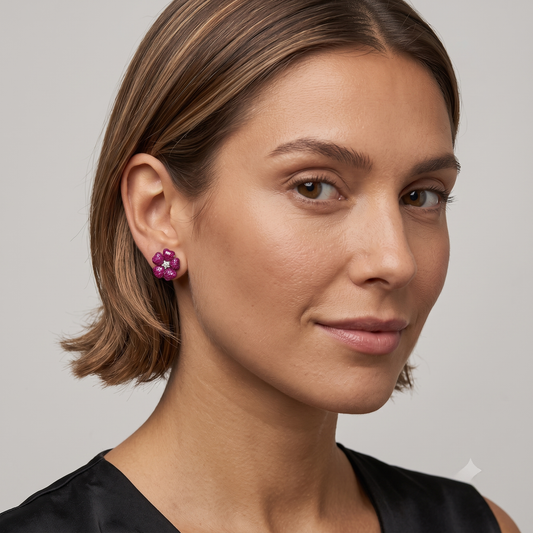 Diamonds Kissed Pink Blossom Stud Earrings in 14K Yellow Gold