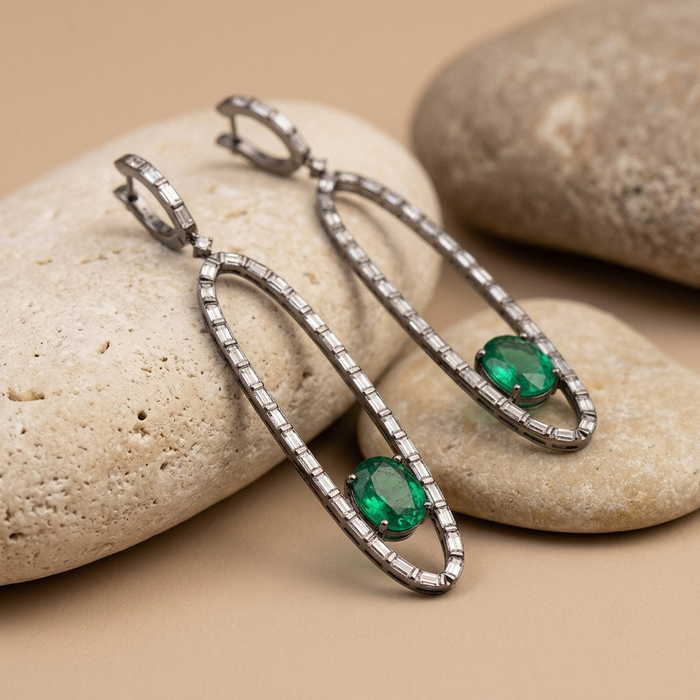 Blackened Oval Drop Green Emerald Earrings in 18K White Gold
