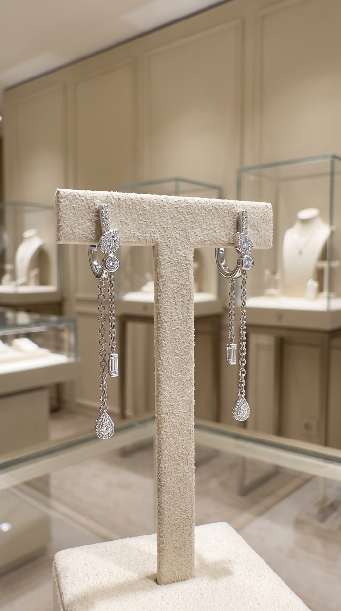 Cascade Charm Diamond Dangle Chain Earrings in 14K White Gold