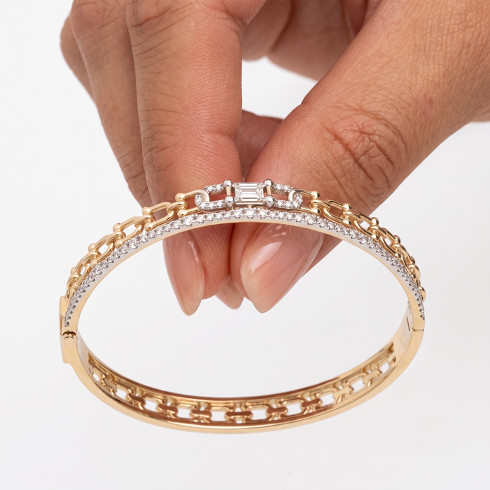 Baguette Chain Link Diamond Bangle Bracelet in 14K Gold