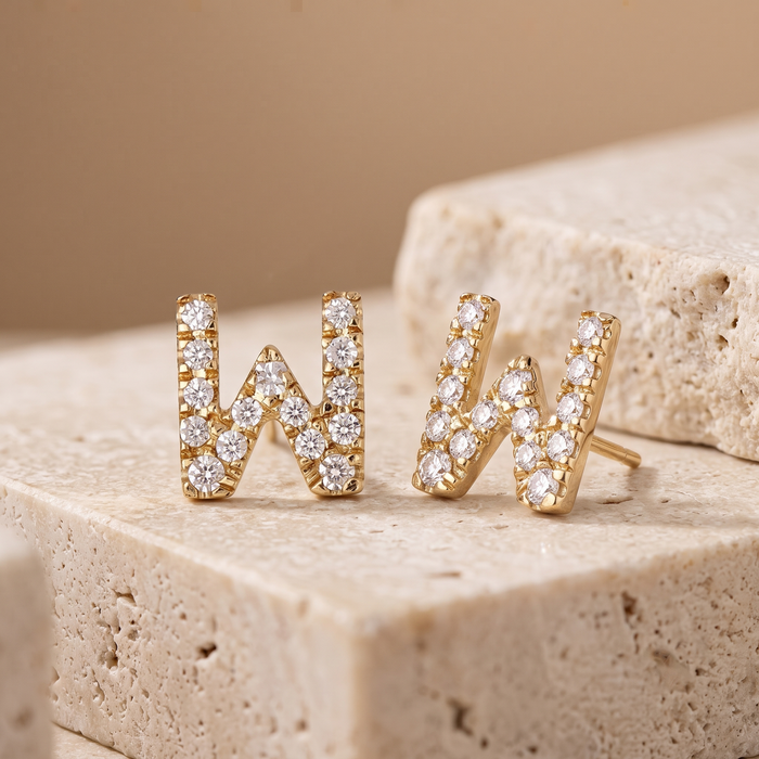 W Initial Diamond Letter Stud Earrings in 14K Yellow Gold
