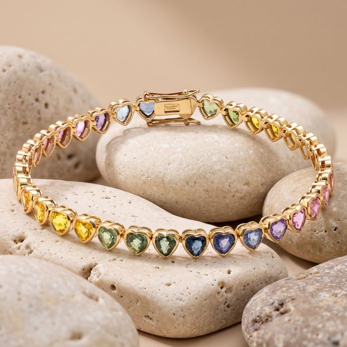 Heart-Shaped Rainbow Gemstone 14K Yellow Gold Bracelet