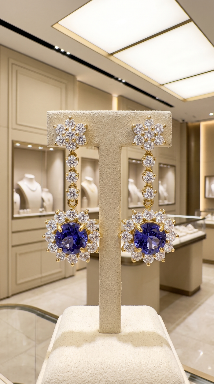 Blue Sapphire Halo Drop Earrings in 14K Yellow Gold