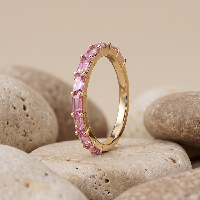 Chic Baguette Pink Sapphire 14K Gold Band Ring