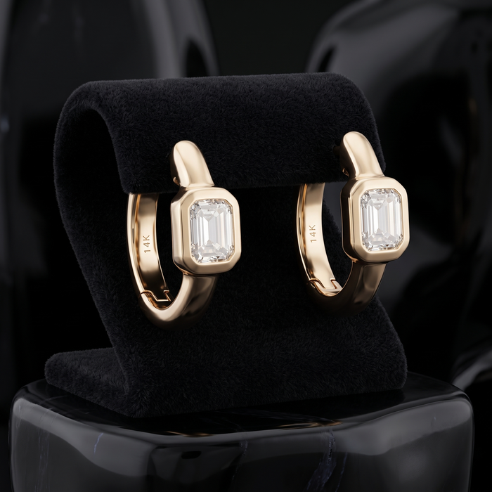 Bezel Emerald Diamond Mini Hoop Earrings in 14K Yellow Gold