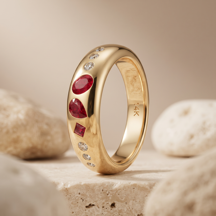 Multi Shape Ruby Diamond Accent Band Ring in 14K Yellow Gold
