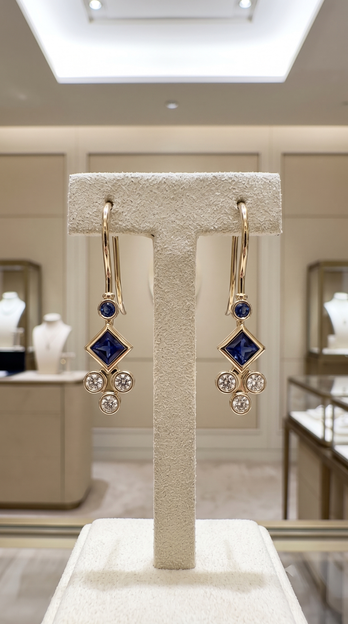 Elegant 14K Gold Sapphire Diamond Drop Earrings