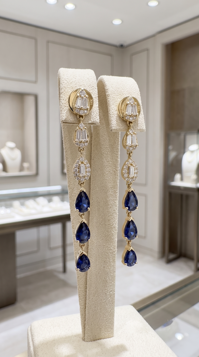 Baguette Diamond Sapphire Drop Cascade Earrings in 14K Yellow Gold
