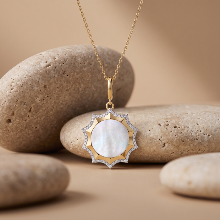 Mother Pearl Diamond Sunburst Pendant Necklace in 14K Yellow Gold