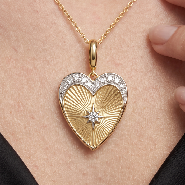 Diamond Starburst Heart Pendant Necklace in 14K Yellow Gold