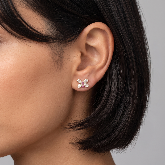Butterfly Stud Ruby Diamond Wings Earrings in 14K Yellow Gold