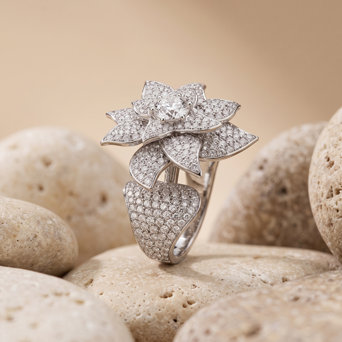 Double Finger Flower Diamond Ring in 18K White Gold