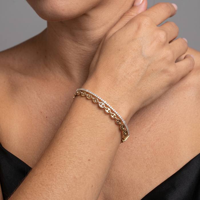 Motif Bangle Chain Diamond Pave Bracelet in 14K Gold