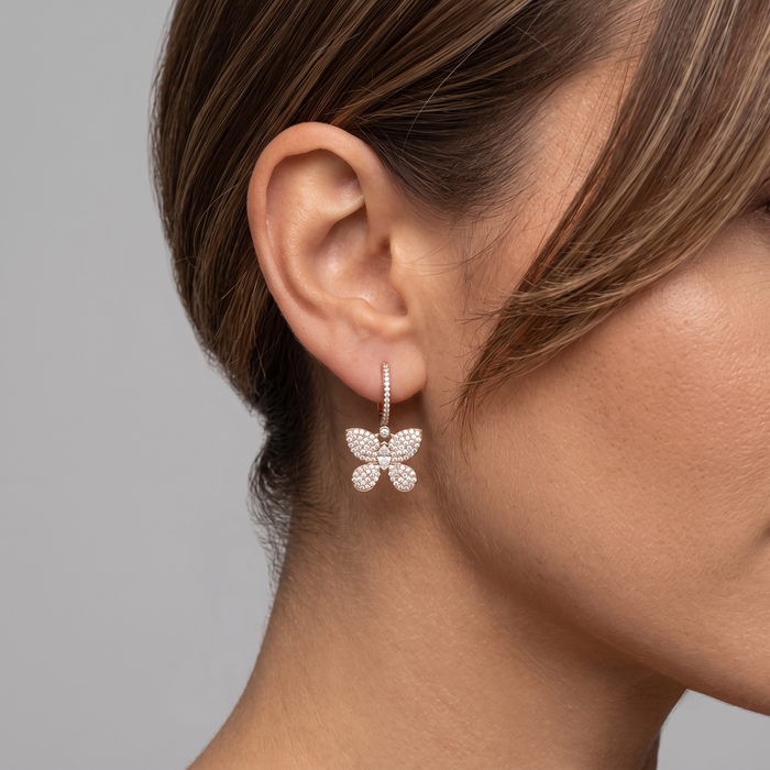 Marquise Center Pave Butterfly Drop Earrings in 14K Yellow Gold