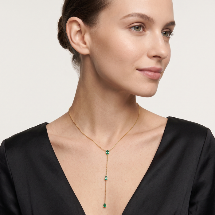 Pear Cut Emerald Drops Lariat Necklace in 14K Yellow Gold