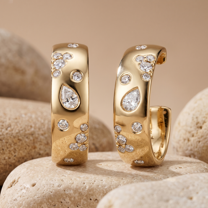 Raindrop Diamond Scatter Huggie Earrings in 14K Yellow Gold