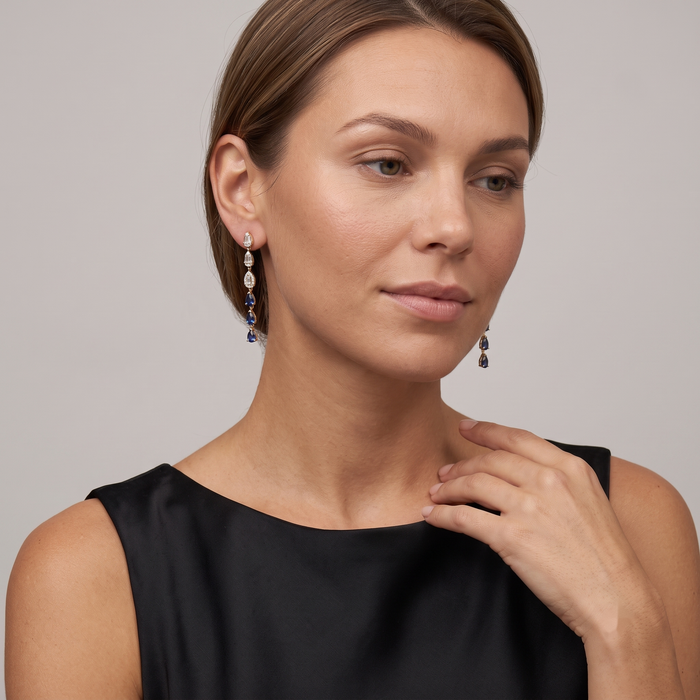 Baguette Diamond Sapphire Drop Cascade Earrings in 14K Yellow Gold