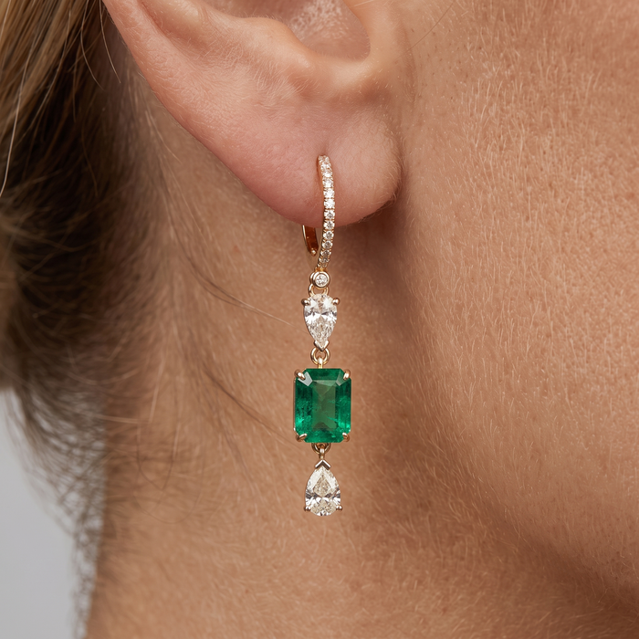 Emerald Elegance 14K (or 18k upon request) Yellow Gold Diamond Drop Earrings