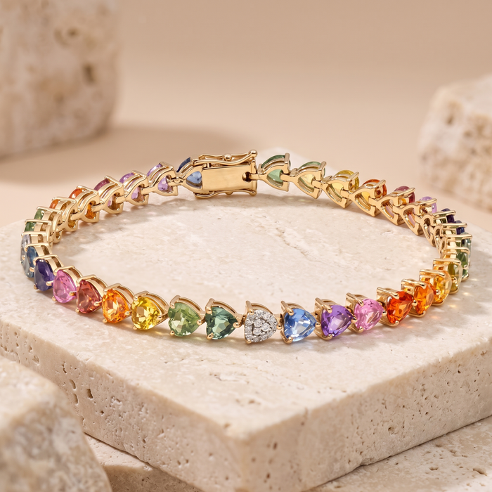 Celestial Heart Rainbow Sapphire & Diamond 14K Gold Tennis Bracelet