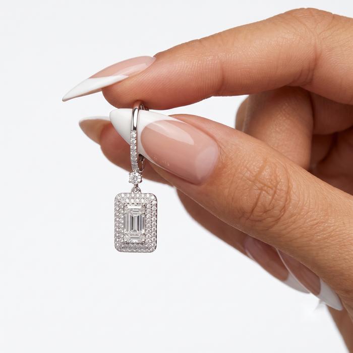 Baguette Halo Diamond Drop Huggie Earrings in 14K White Gold