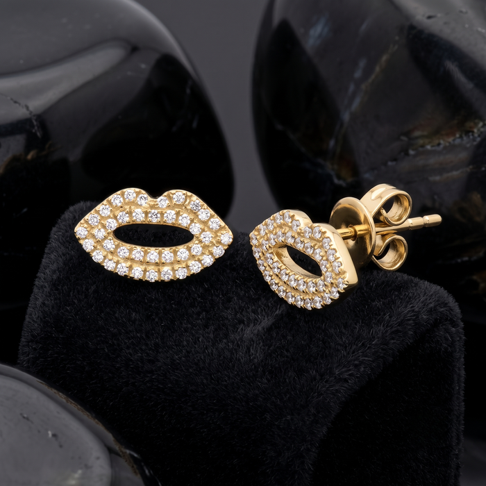 Diamond Lips Button Earrings in 14K Yellow Gold
