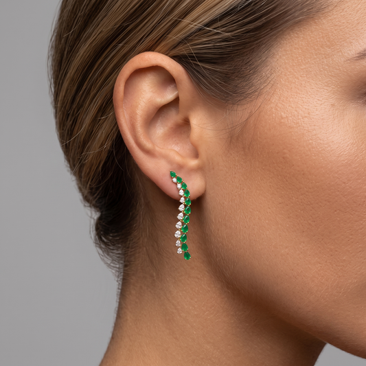 Emerald Diamond Leaf Curve Drop Earrings in 14K Yellow Gold
