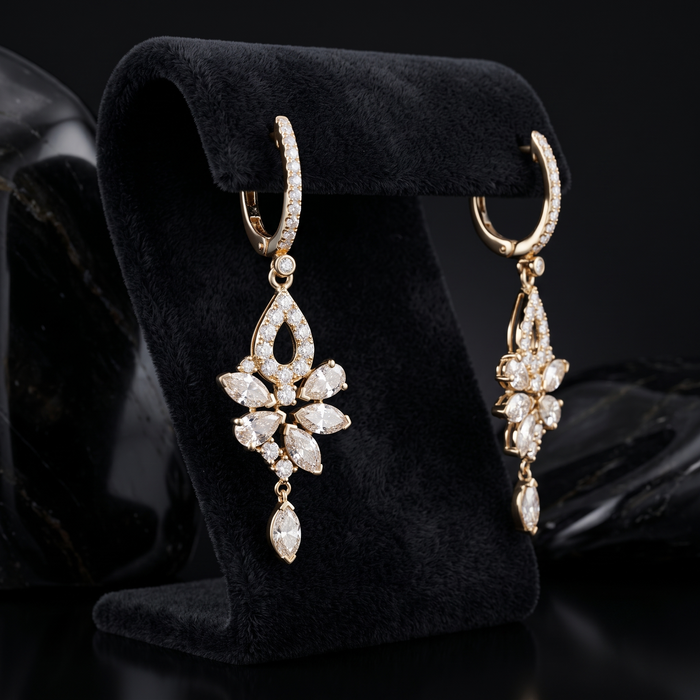 Cluster Diamond Teardrop Dangle Earrings in 14K Yellow Gold