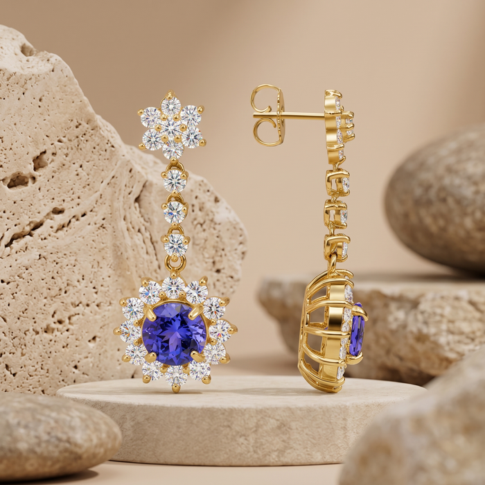 Blue Sapphire Halo Drop Earrings in 14K Yellow Gold