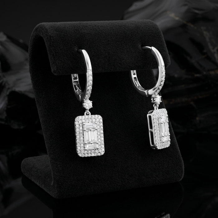 Baguette Halo Diamond Drop Huggie Earrings in 14K White Gold