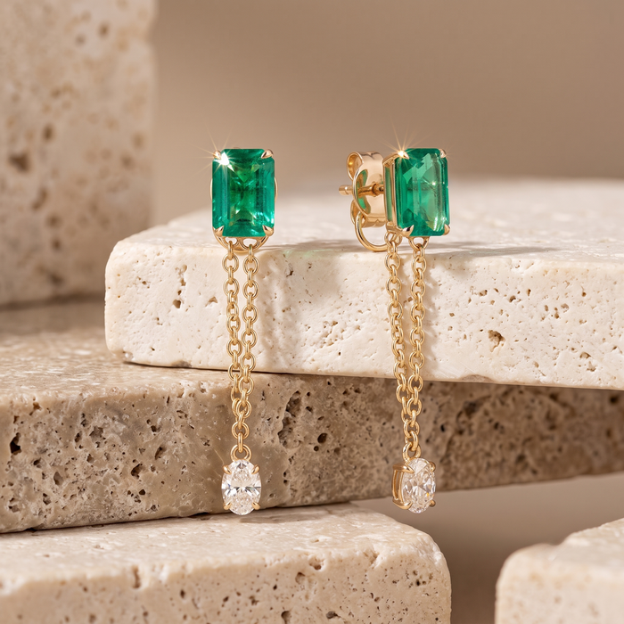 Emerald Chain Drop Earrings in 14K Yellow Gold