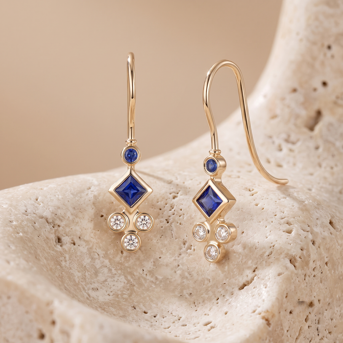 Elegant 14K Gold Sapphire Diamond Drop Earrings