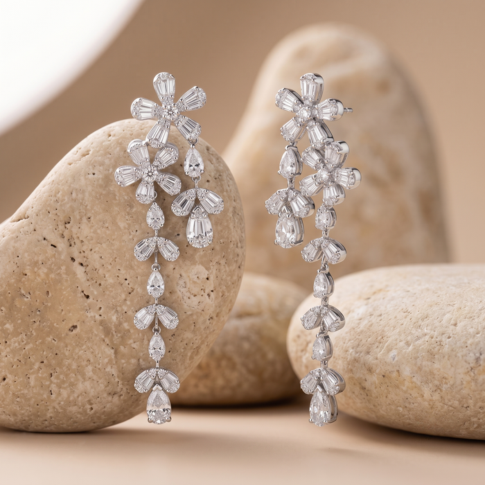 Round Diamonds Star Baguette Earrings in 18K White Gold