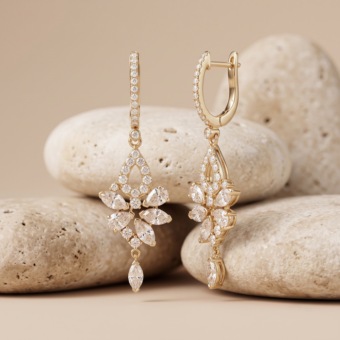 Cluster Diamond Teardrop Dangle Earrings in 14K Yellow Gold