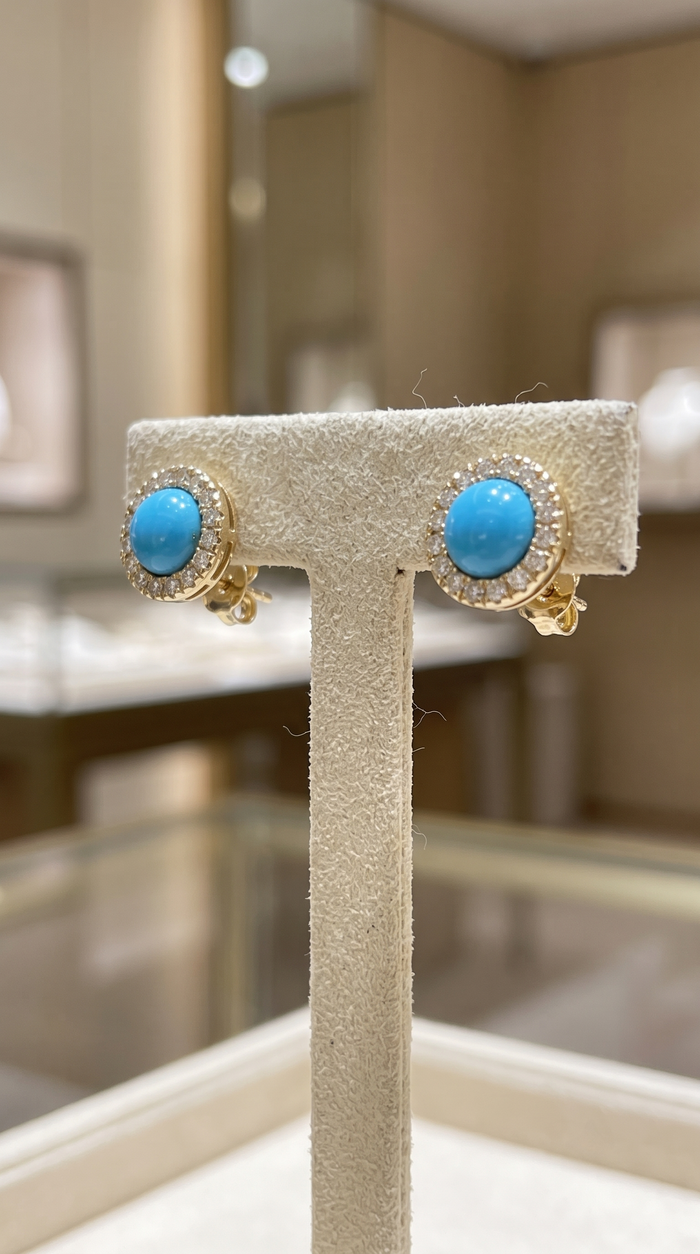 Feminine Turquoise Diamond Stud Earrings in 14K Yellow Gold