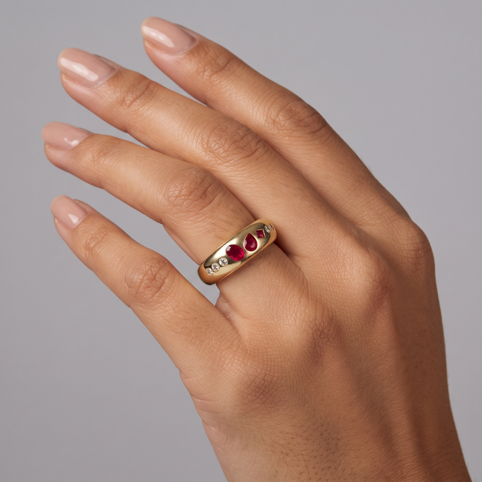 Multi Shape Ruby Diamond Accent Band Ring in 14K Yellow Gold