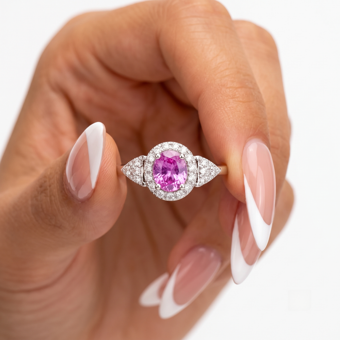Elegant Oval Pink 14K Sapphire Diamond Halo Ring
