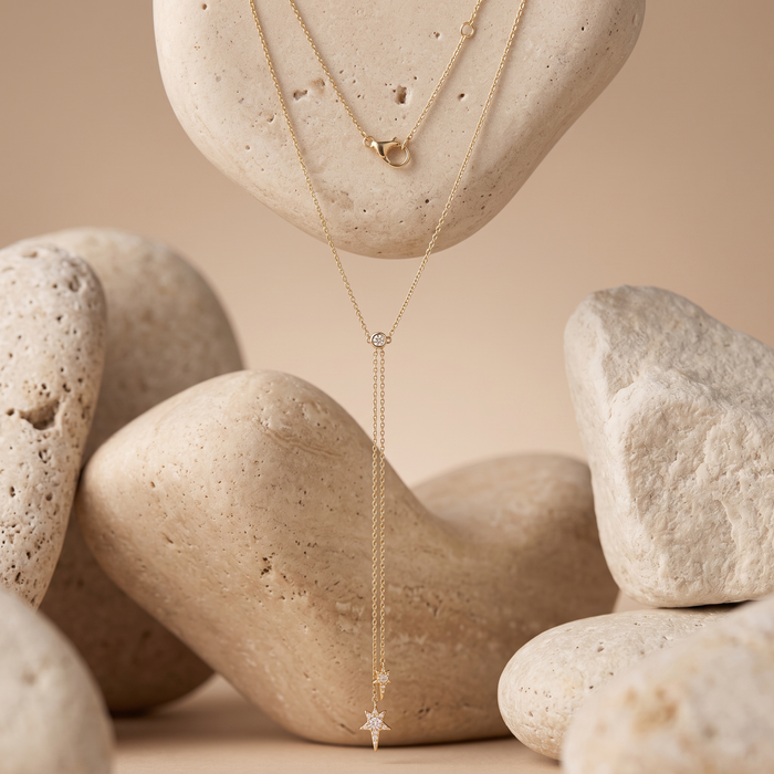 Multi-Sapphire Diamond Star Lariat Necklace in 14K Yellow Gold