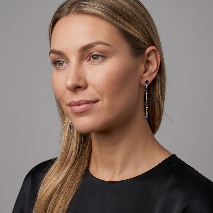 Multi Blue Sapphire 14K (or 18k upon request) Yellow Gold Diamond Drop Earrings