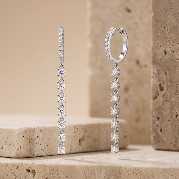 Diamond Huggie Chain Drop Earrings in 14K White Gold
