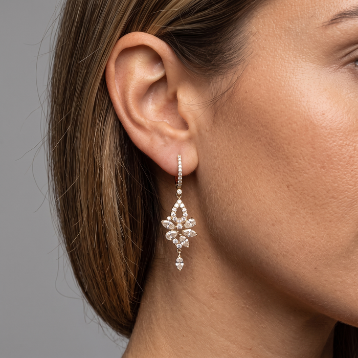 Cluster Diamond Teardrop Dangle Earrings in 14K Yellow Gold