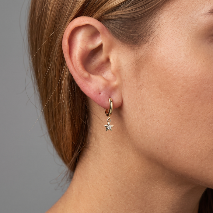 Gold Star Charm Diamond Hoop Earrings in 14K Gold