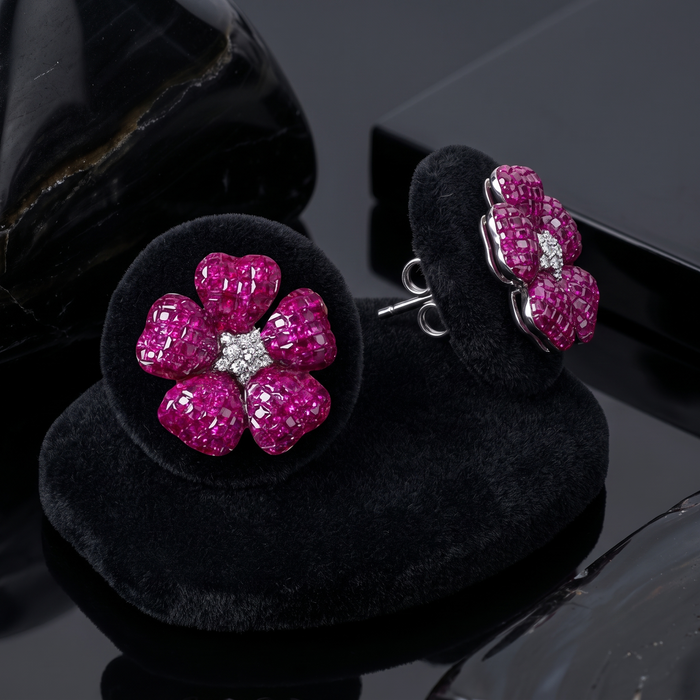Diamonds Kissed Pink Blossom Stud Earrings in 14K Yellow Gold