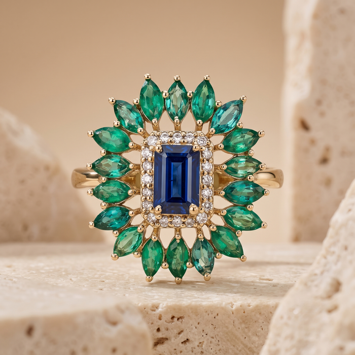 Blue Sapphire Emerald 14K Halo Cocktail Ring