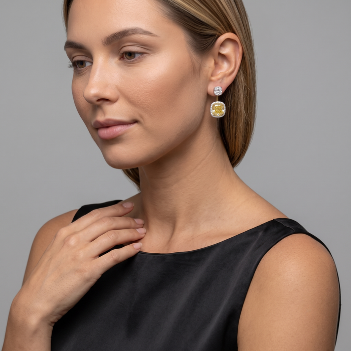Radiant Yellow Diamond 14K White Gold Halo Earrings