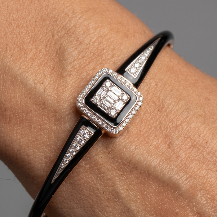 Black Enamel Emerald Cut Diamond Bracelet in 14K Gold