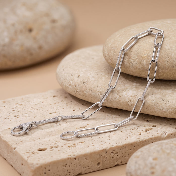 Elongated Pave Link Bracelet in 14K White Gold